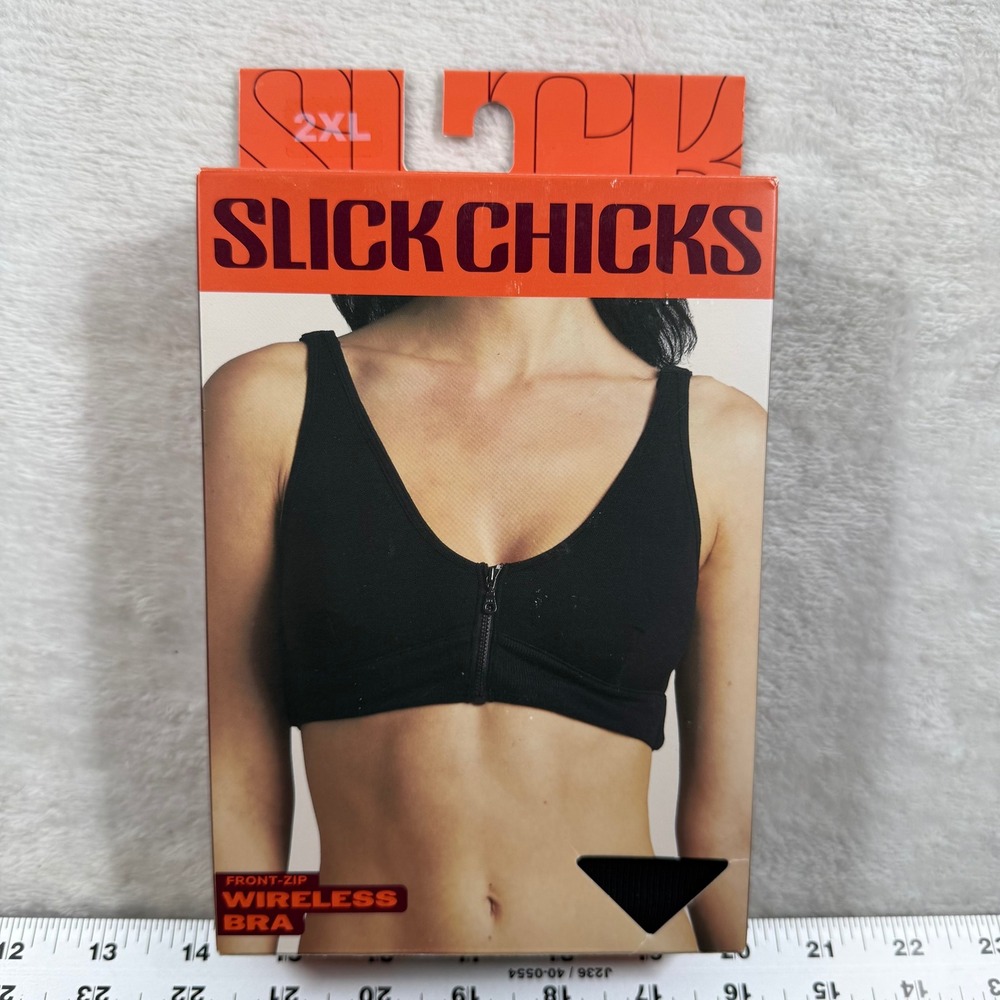 Slick Chicks Wireless Front Zip Bra Black XXL 36DD Adjustable Straps NIB 9932